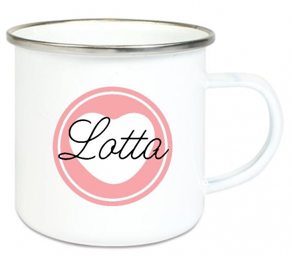 ♥ Tasse Emailletasse Button Herz, Einschulung KITA Wunschname, Dankeschön, Geburtstag, Abschied, Jubiläum, Geschenk, Becher von Lüttentüddel